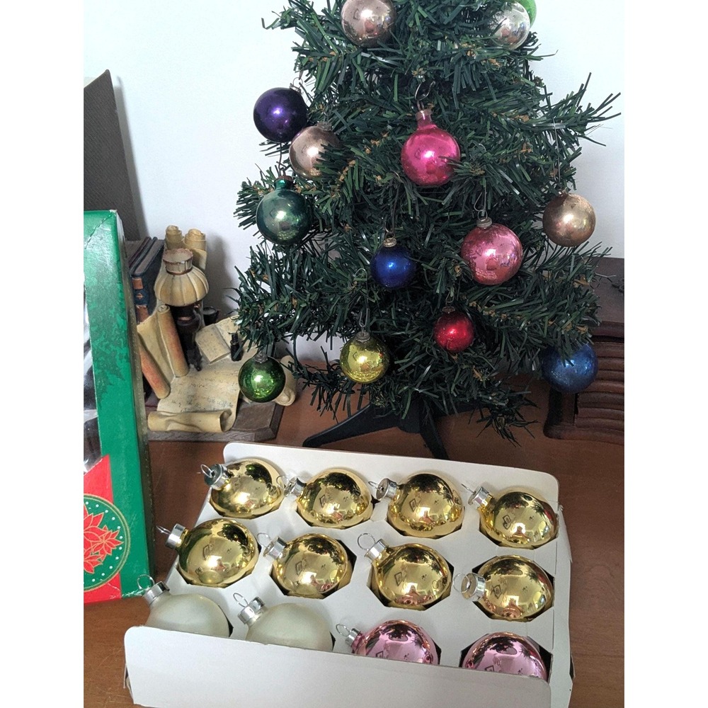 Vintage Glass Christmas Ornaments Set of 12 | Gold Pink & Frosted Baubles